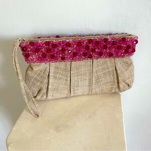 Banana republic wristlet clutch burlap tweed with beautiful pink crystal beading